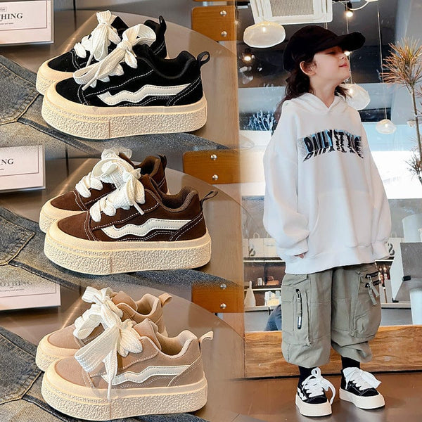 Spring and autumn casual sneakers for boys and girls, solid colors in black, khaki, and brown, low-top design with rubber sole, size 26-36, neutral gender.