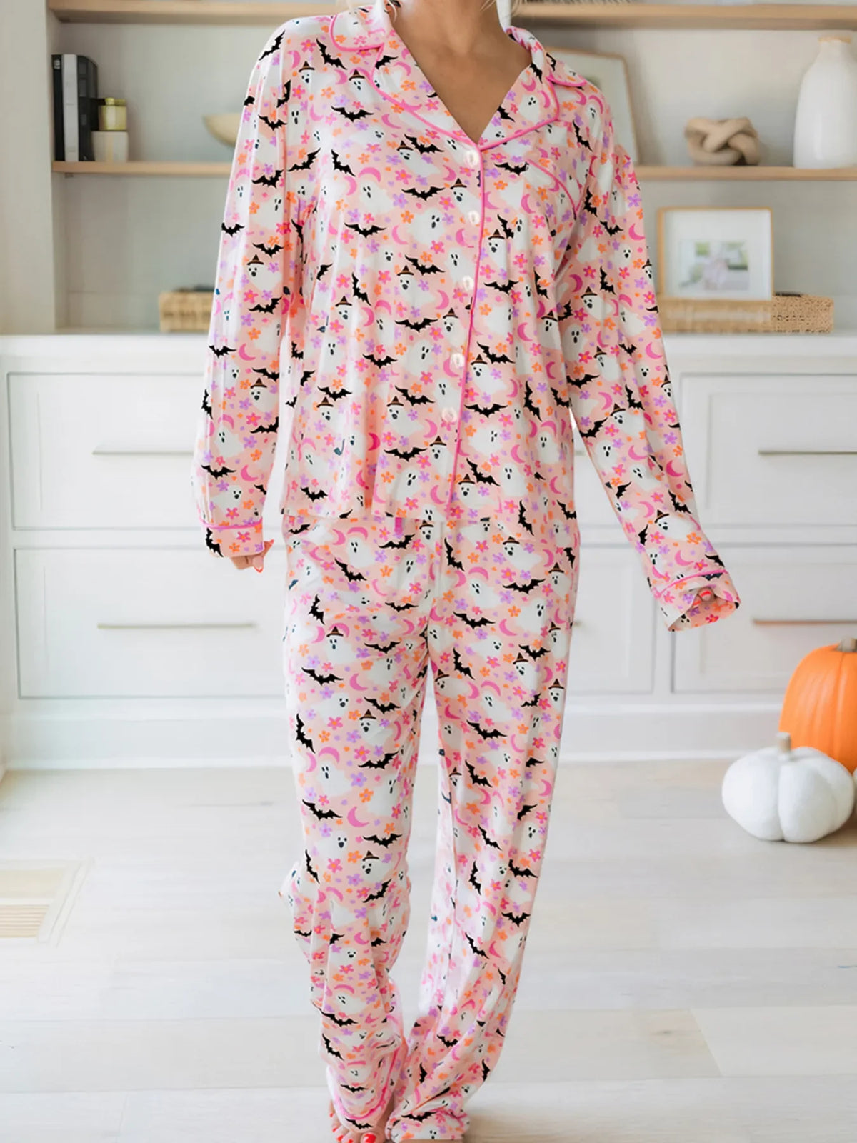 Halloween ghost print two-piece button-up top and pants lounge set in pink with spooky patterns