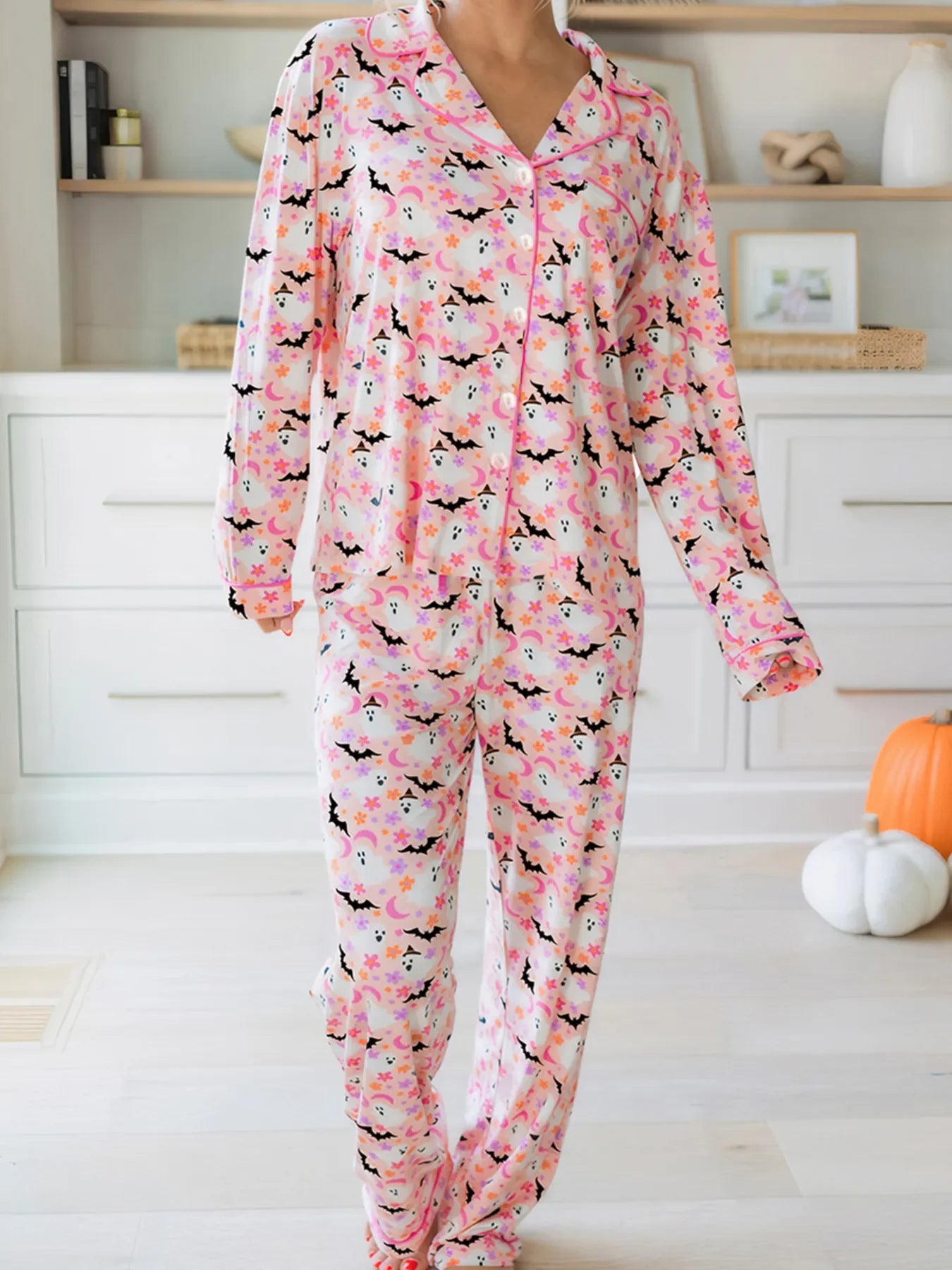 Halloween ghost print two-piece button-up top and pants lounge set in pink with spooky patterns