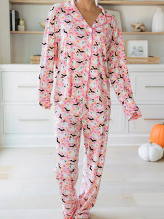 Halloween Ghost Print Button Up Top and Pants Lounge Set