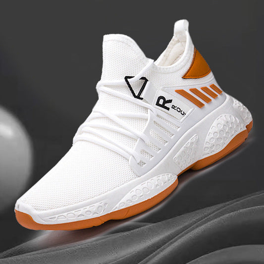 Men's breathable mesh sports sneaker in white with orange accents.