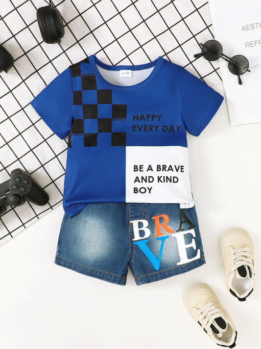 Children's Letter Round Neck Top in blue with denim shorts set for boys