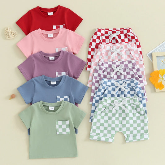 Baby's Casual Short-sleeved Plaid Shorts Suit