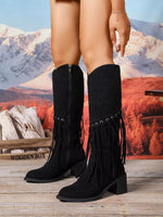Black high heel fringe point toe boots with side zipper and rubber sole