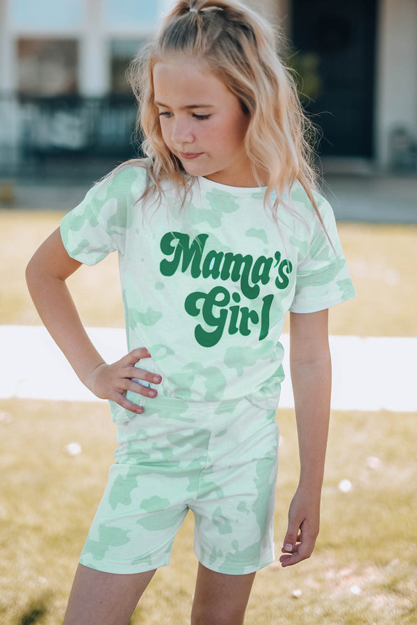 Girls summer lounge set with printed letter graphic and green camo pattern