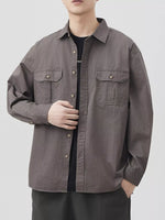 Men's plus size button up long sleeve oversized cotton shirt with front pockets in gray