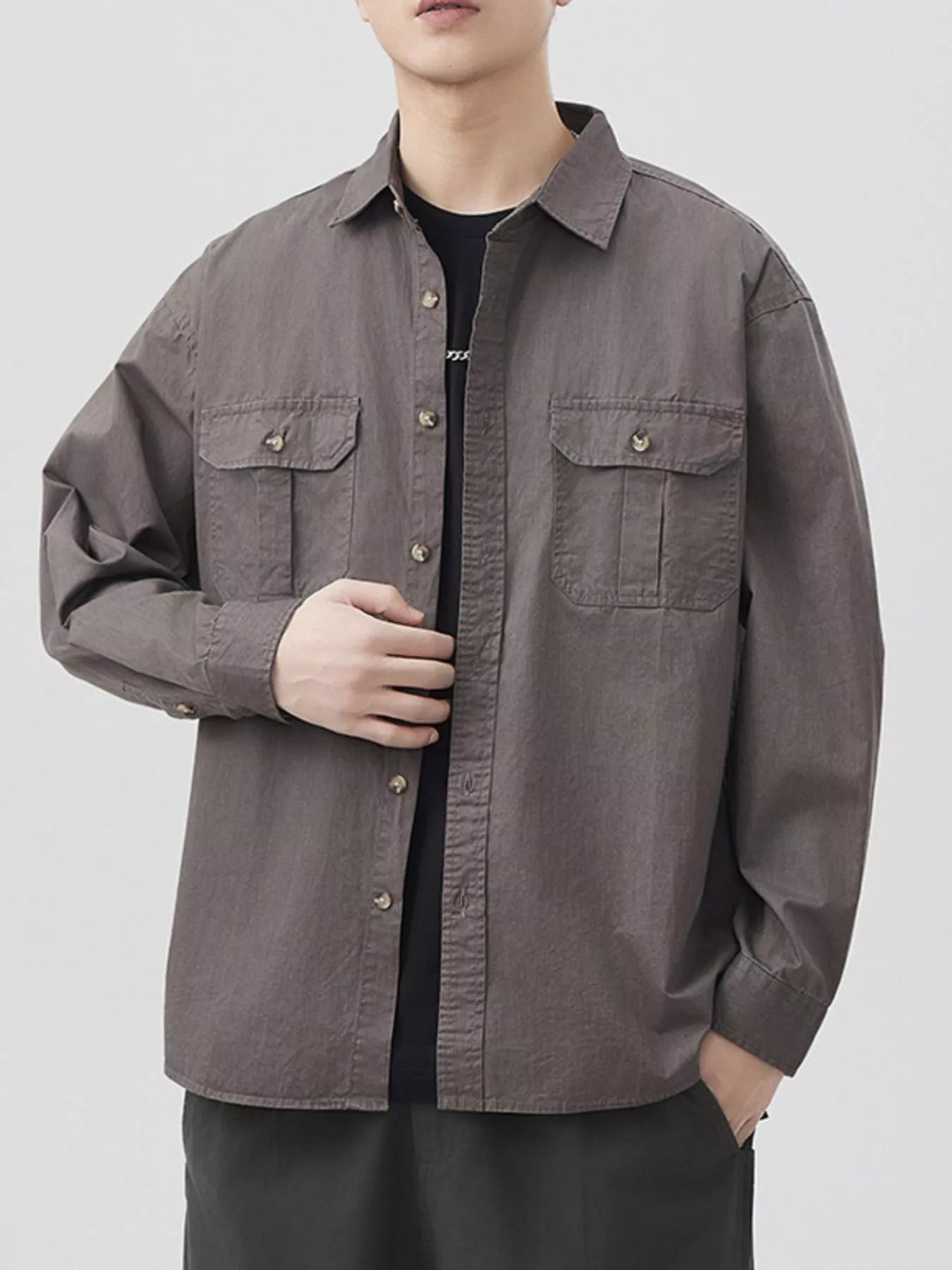 Men's plus size button up long sleeve oversized cotton shirt with front pockets in gray