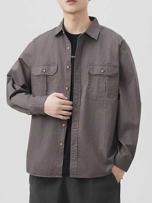 Men's plus size button up long sleeve oversized cotton shirt with front pockets in gray