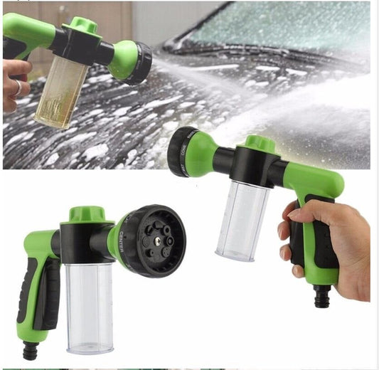 High-pressure foam spray gun with green handle, ideal for car washing and cleaning, showcasing adjustable spray settings.