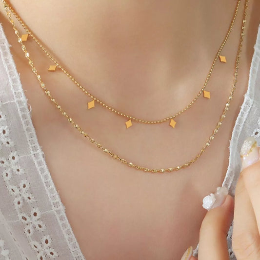 18K Gold-Plated Titanium Steel Layered Necklace worn on neck with delicate gold chains and small diamond-shaped charms