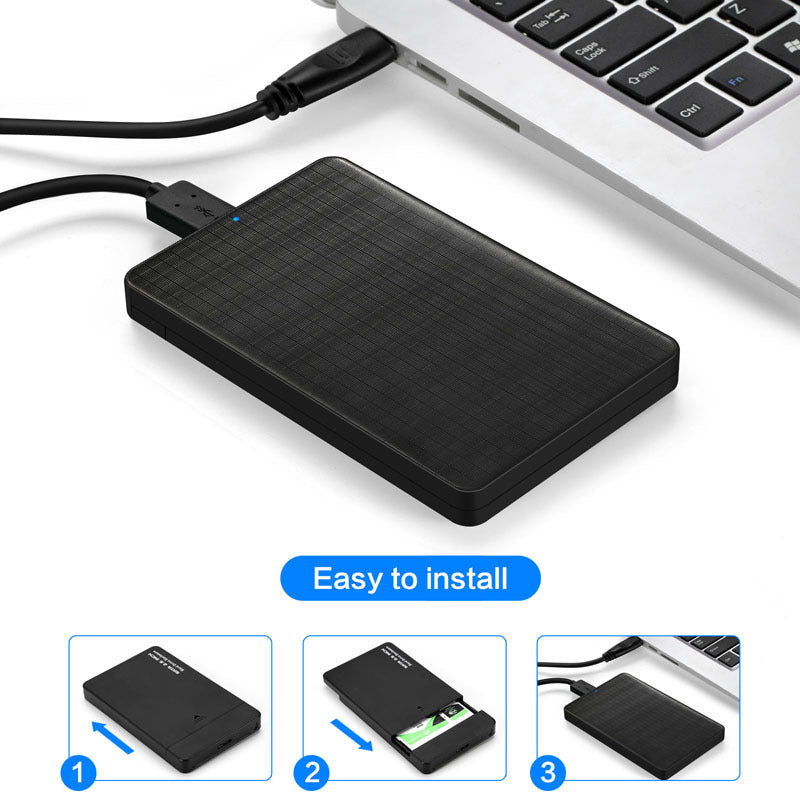 Grid pattern business style USB3.0 mobile hard disk box with laptop connection and easy installation instruction.