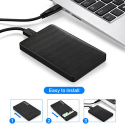 Grid pattern business style USB3.0 mobile hard disk box with laptop connection and easy installation instruction.