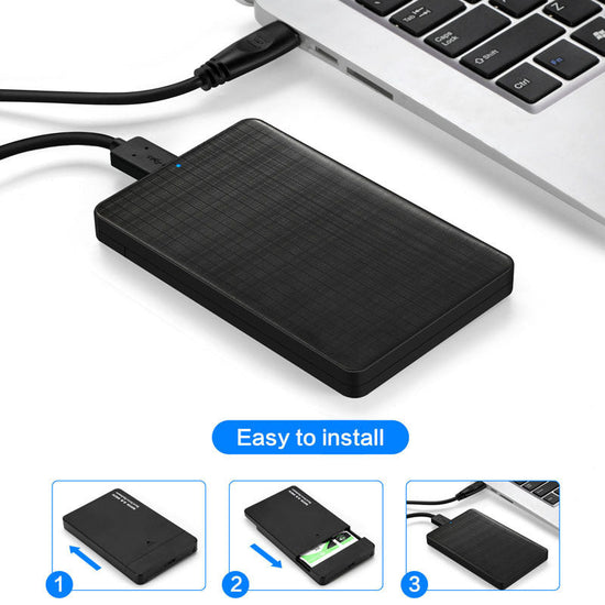 Grid pattern business style USB3.0 mobile hard disk box with laptop connection and easy installation instruction.
