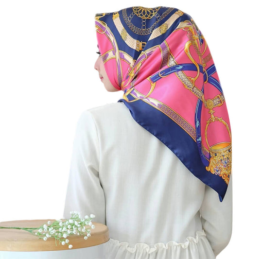 Multicolor satin fashion simulation silk scarf worn as a headscarf.