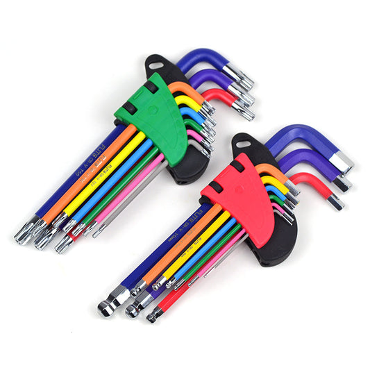 Colorful hexagonal screwdriver tool set with ergonomic L-shaped design and durable plastic sleeves.
