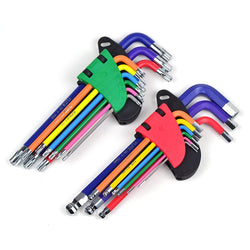 Colorful hexagonal screwdriver tool set with ergonomic L-shaped design and durable plastic sleeves.