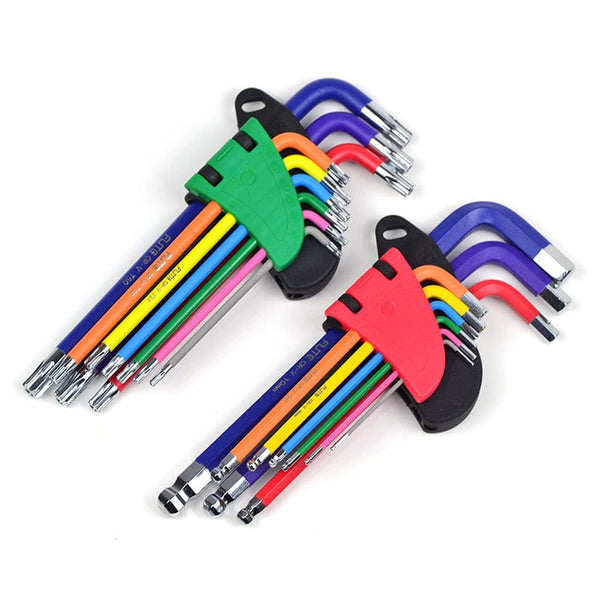 Colorful hexagonal screwdriver tool set with ergonomic L-shaped design and durable plastic sleeves.
