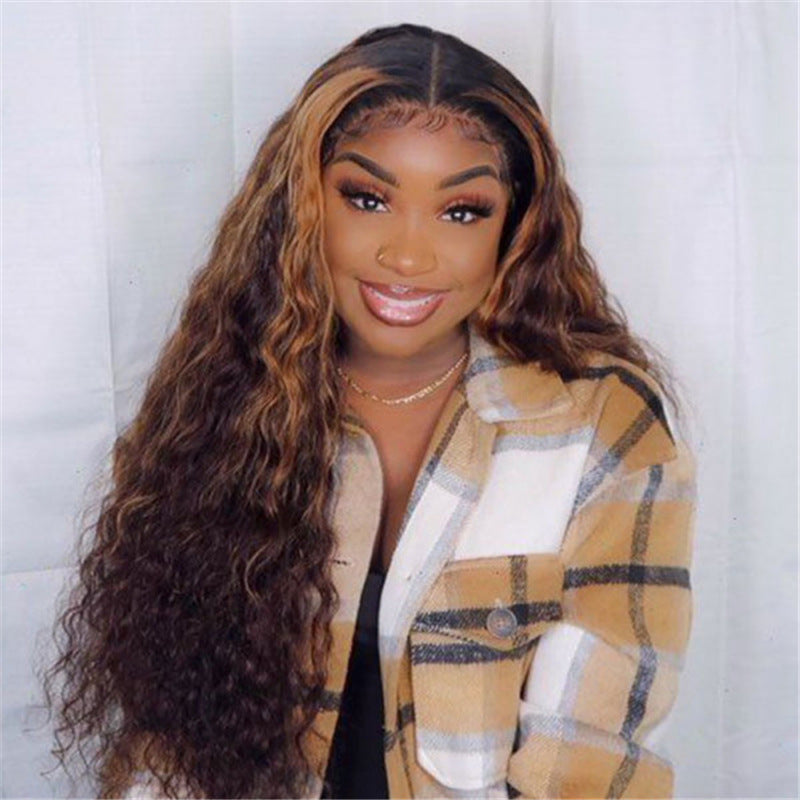 European and American style long curly wig with brown gradient and gold highlights.