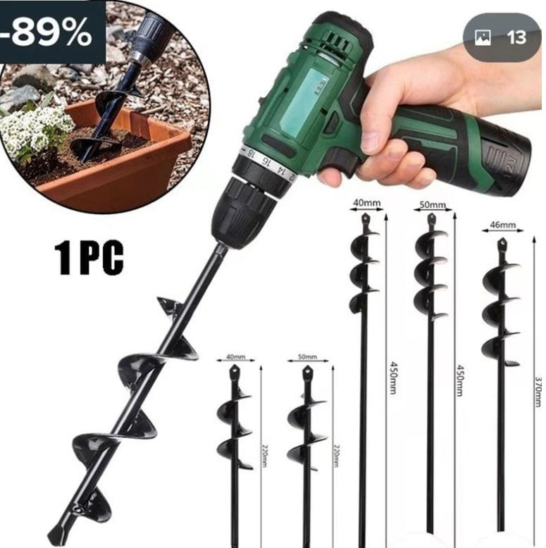 Spiral Loosening Drill Bit with round handle for planting, made of high-speed steel, shown with dimensions and usage.