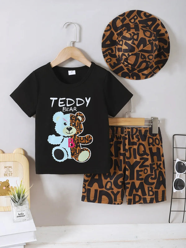 Children's Teddy Bear three-piece outfit with black round neck top featuring teddy bear print, matching brown patterned shorts and hat set