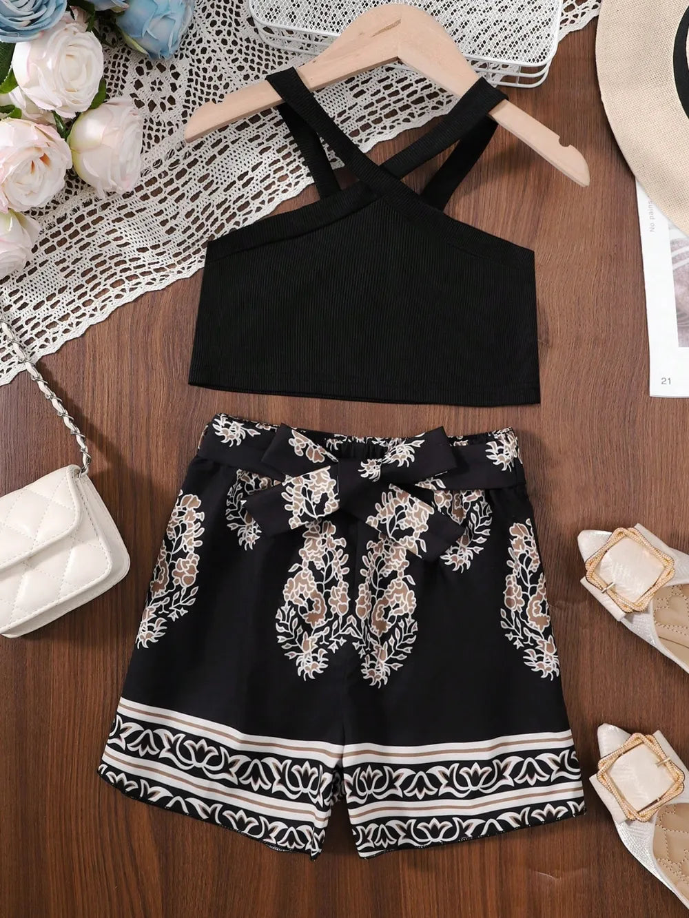 Black children's cami top with floral printed shorts two-piece set