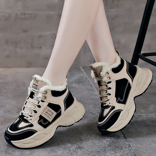 Winter thermal fleece-lined sneakers for women with mid heel, lace-up design, and round toe in black and beige.