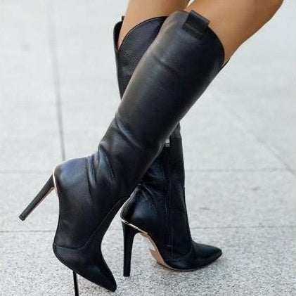 High fashion women’s black stiletto boots for autumn and winter with side zipper.