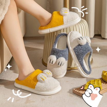 Cotton slippers with cat paw design in various colors, showcasing plush material for home use.
