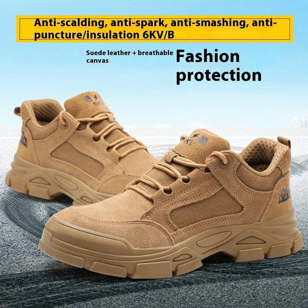Men's lightweight insulated work shoes, anti-smash, anti-puncture, wear-resistant cowhide with rubber sole.