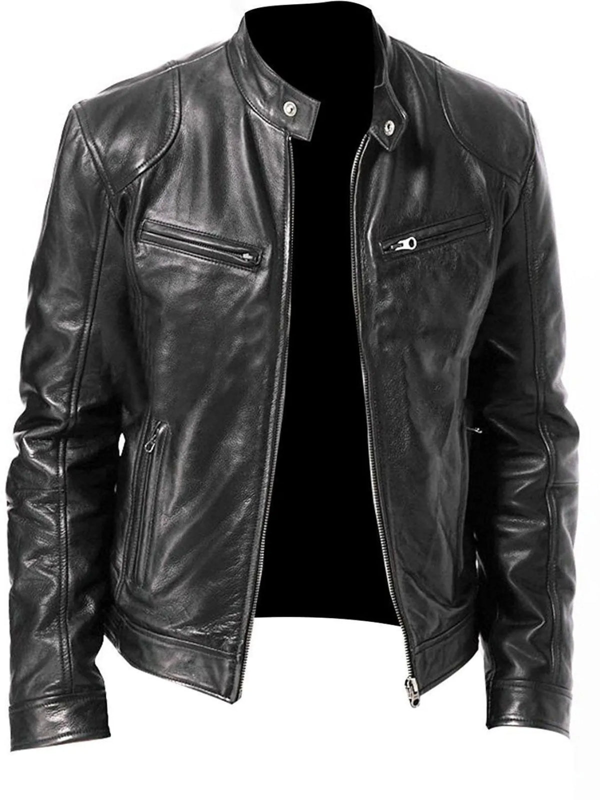 Men's full size zip up black PU leather jacket with long sleeves and pockets