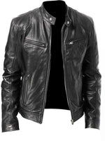 Men's full size zip up black PU leather jacket with long sleeves and pockets