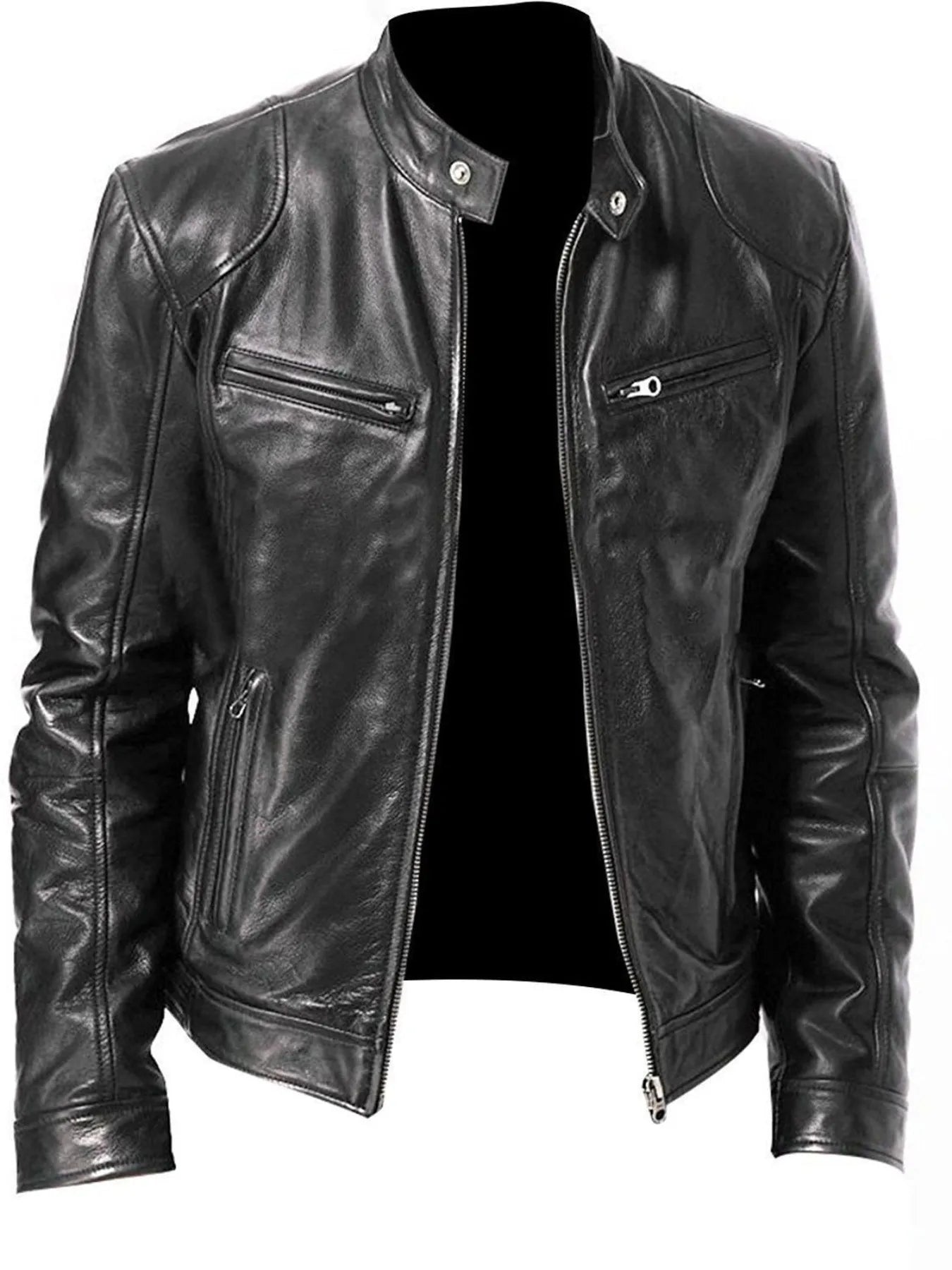 Men's full size zip up black PU leather jacket with long sleeves and pockets