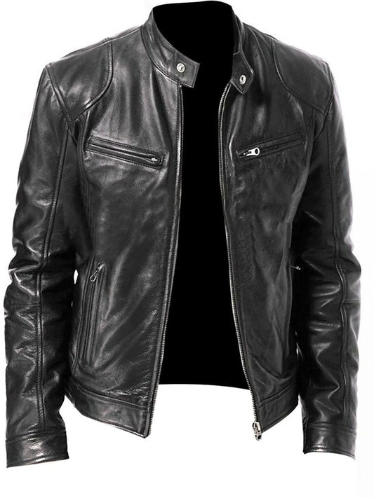 Men's full size zip up black PU leather jacket with long sleeves and pockets
