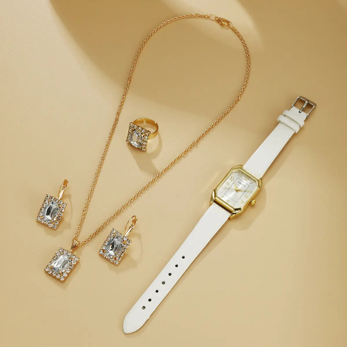Leather Women’s Watch Square Quartz Watch Korean Necklace Earrings Ring Set