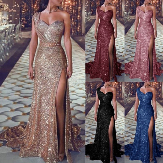 Women's one-shoulder sleeveless bronzing split dress in multiple colors including rose gold, showcasing an elegant and chic design.