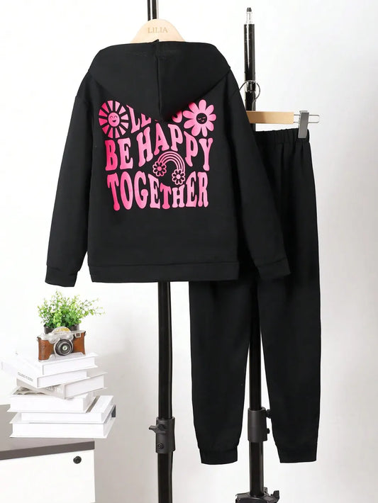 Children's graphic long sleeve black hoodie with pink "Be Happy Together" print and matching black pants set