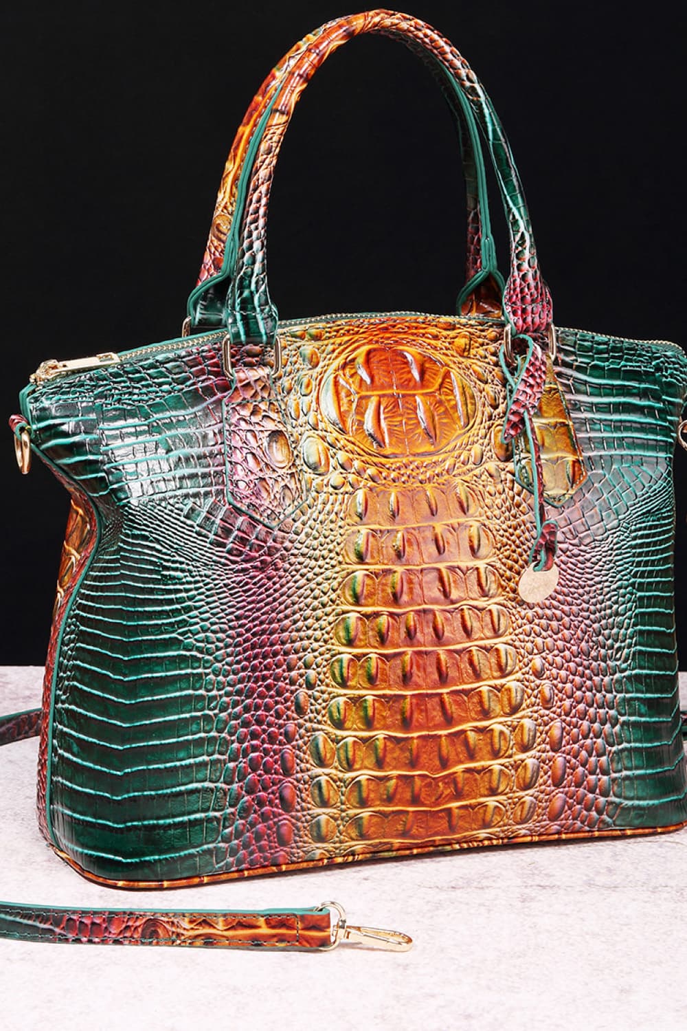 Gradient PU leather handbag with embossed crocodile texture, medium size, multicolor finish