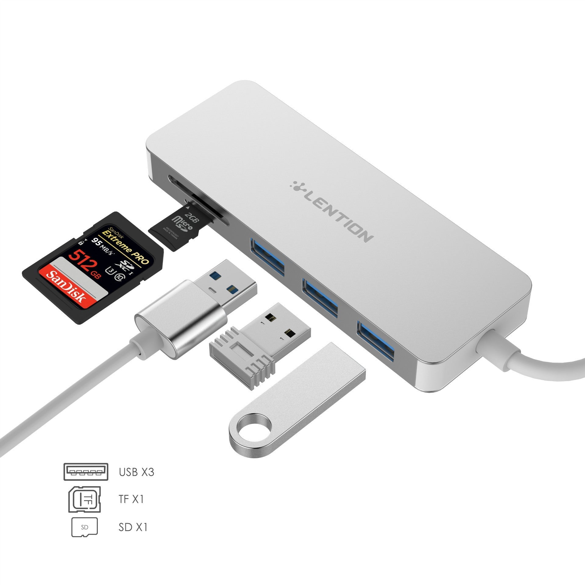 Usb3.0 HUB with multi-function card reader featuring 3 USB3.0 ports, SD and TF card slots.