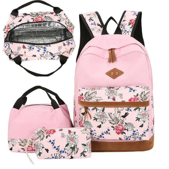 Japanese-style casual backpack set with floral print, featuring a large-capacity main bag, a smaller bag, and a pencil case, all with pink stitching.