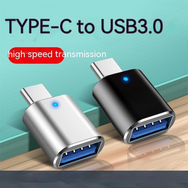 Type-C to USB3.0 adapter with indicator light, silver and black model, high-speed transmission.