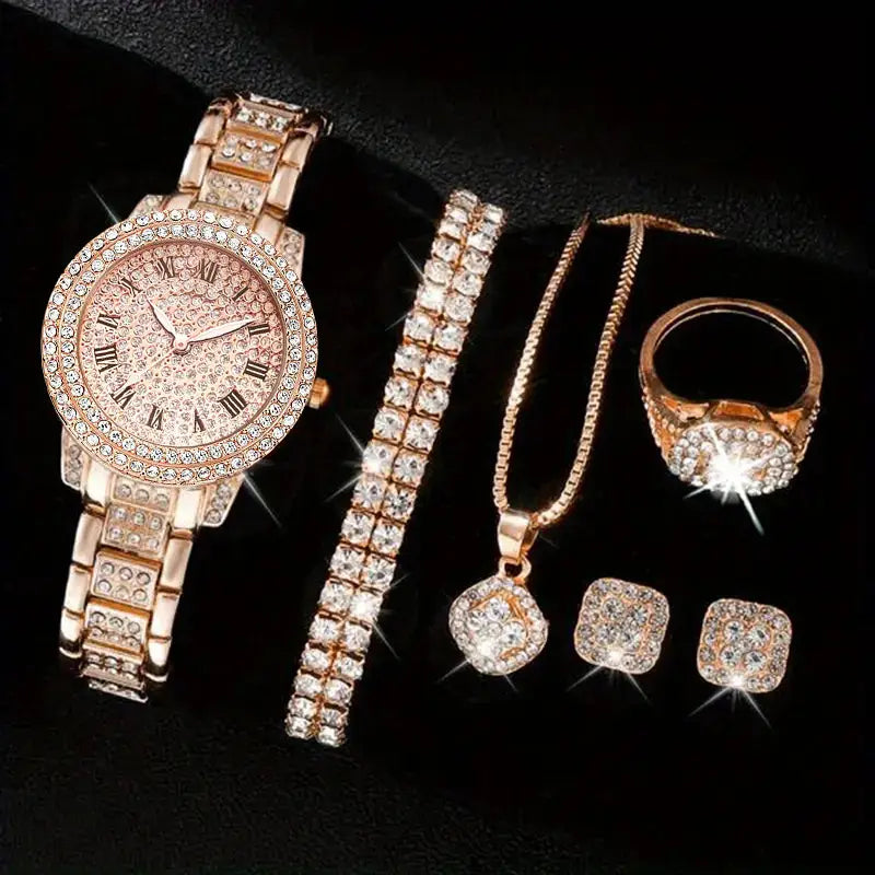 Women’s Diamond Fashion Roman Quartz Watch Five-piece Set