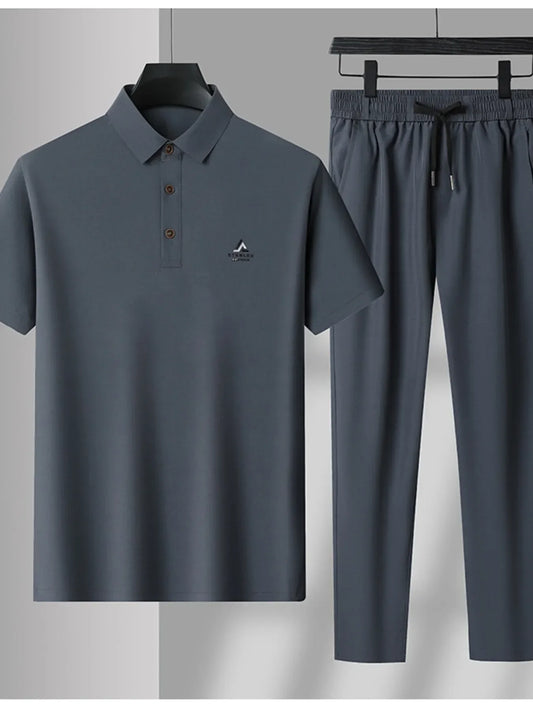 Men's plus size button detail short sleeve polo and pants set in dark gray with drawstring and pockets