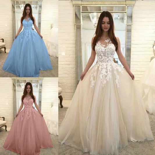 Sleeveless lace wedding dress with floral details in multiple colors.