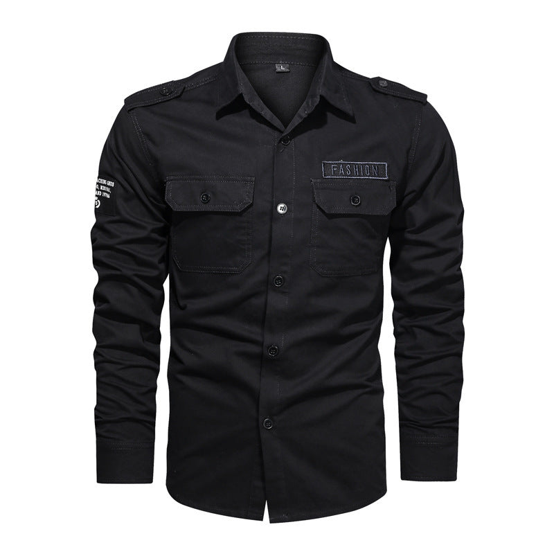 Solid Color Loose Long Sleeves Pocket Shirt