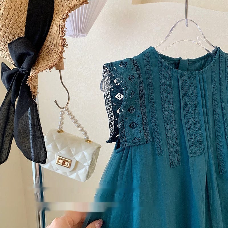 Girls' Summer Green Mesh Stitching Sleeveless Lace Vest Dress