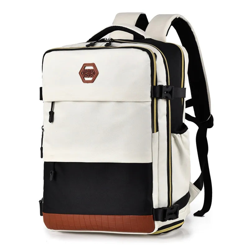 Large color block multi-pockets backpack bag in PU leather and Oxford cloth with black, white, and brown sections