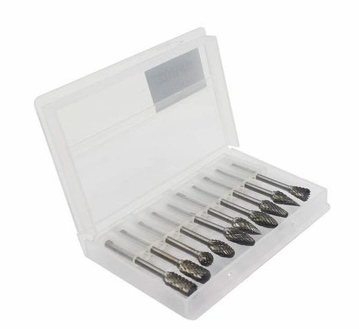 Steel carbide rotary burr set in a white plastic case, featuring 10 tungsten steel grinding heads with various shapes.