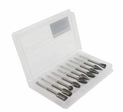 Steel carbide rotary burr set in a white plastic case, featuring 10 tungsten steel grinding heads with various shapes.
