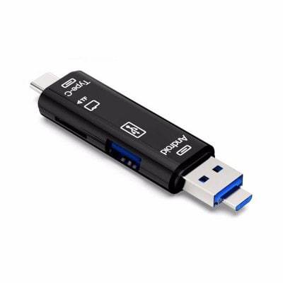 Type-C Micro USB OTG hub adapter with TF card reader, USB 3.1 compatibility.