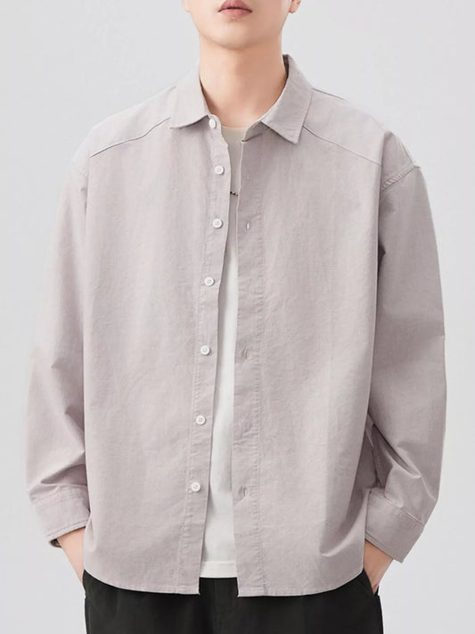 Men's plus size button up long sleeve shirt in light grey cotton fabric with basic oversized style and white buttons